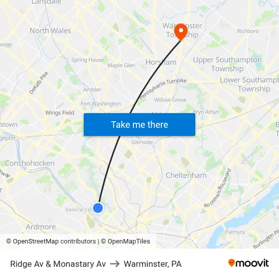 Ridge Av & Monastary Av to Warminster, PA map