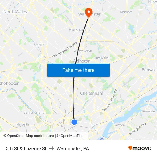 5th St & Luzerne St to Warminster, PA map