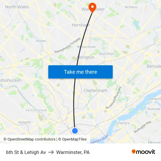 6th St & Lehigh Av to Warminster, PA map