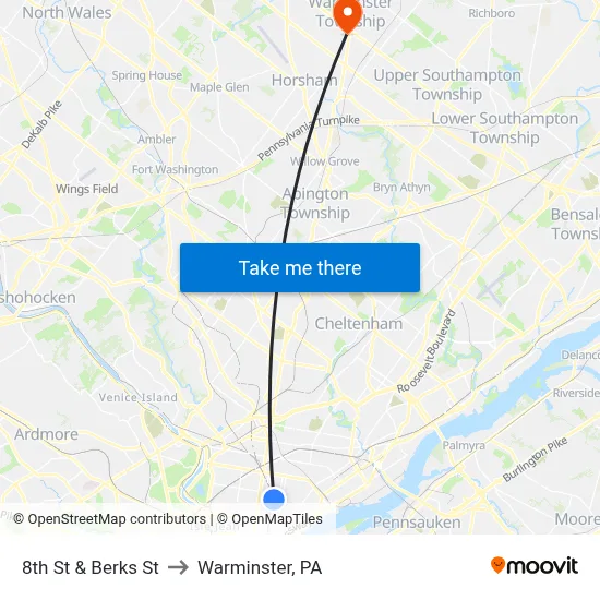 8th St & Berks St to Warminster, PA map