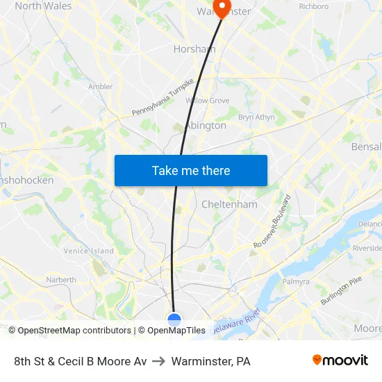8th St & Cecil B Moore Av to Warminster, PA map