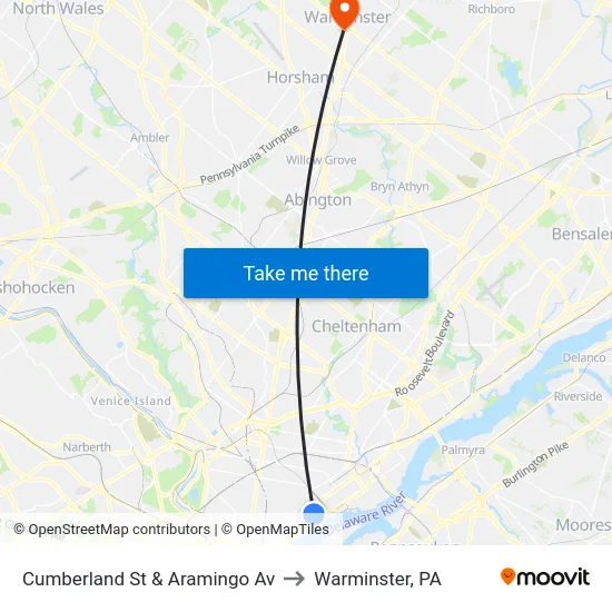 Cumberland St & Aramingo Av to Warminster, PA map