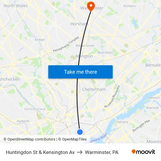 Huntingdon St & Kensington Av to Warminster, PA map
