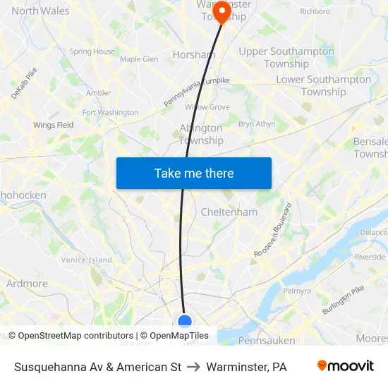 Susquehanna Av & American St to Warminster, PA map