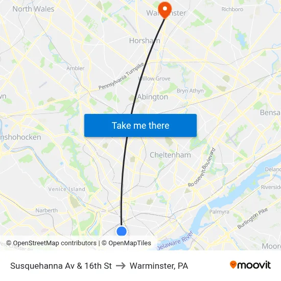Susquehanna Av & 16th St to Warminster, PA map