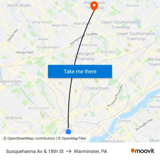 Susquehanna Av & 18th St to Warminster, PA map