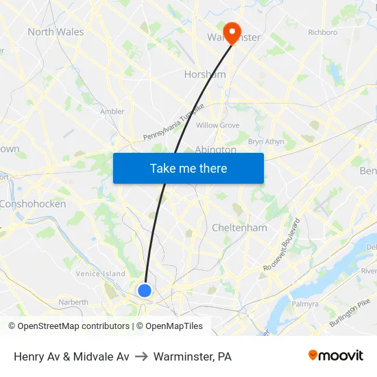Henry Av & Midvale Av to Warminster, PA map