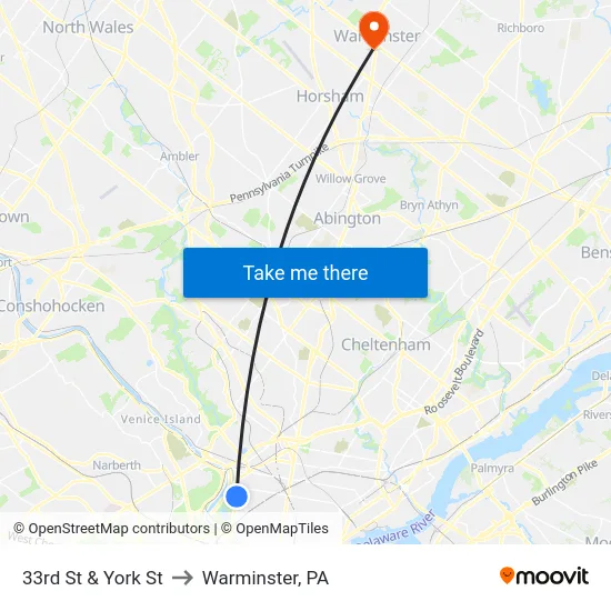 33rd St & York St to Warminster, PA map