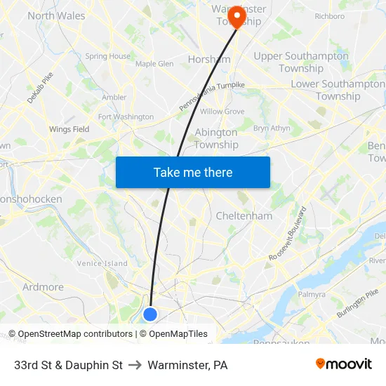 33rd St & Dauphin St to Warminster, PA map