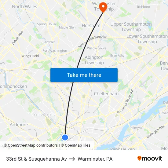33rd St & Susquehanna Av to Warminster, PA map