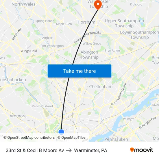 33rd St & Cecil B Moore Av to Warminster, PA map