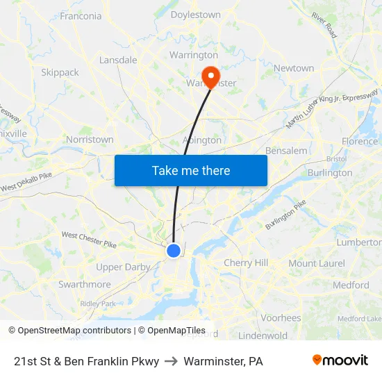 21st St & Ben Franklin Pkwy to Warminster, PA map