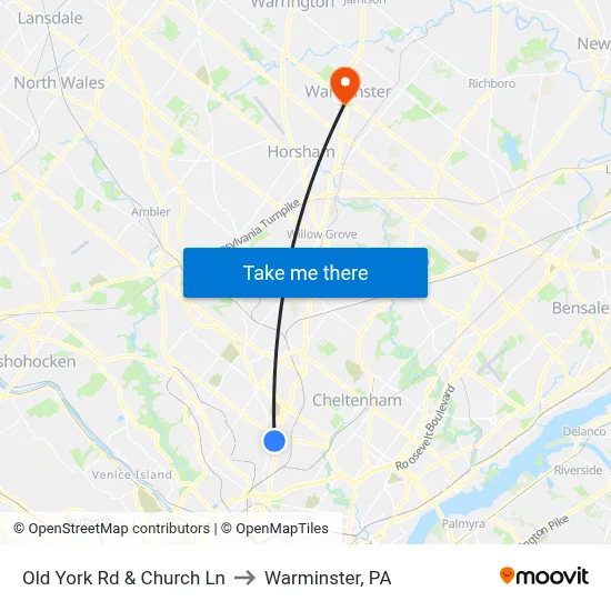 Old York Rd & Church Ln to Warminster, PA map