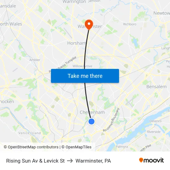 Rising Sun Av & Levick St to Warminster, PA map