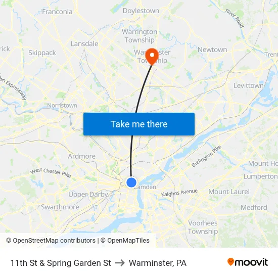11th St & Spring Garden St to Warminster, PA map