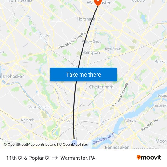 11th St & Poplar St to Warminster, PA map