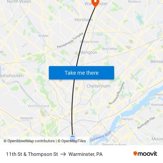 11th St & Thompson St to Warminster, PA map