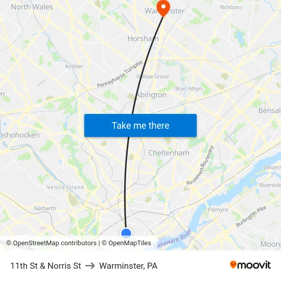 11th St & Norris St to Warminster, PA map