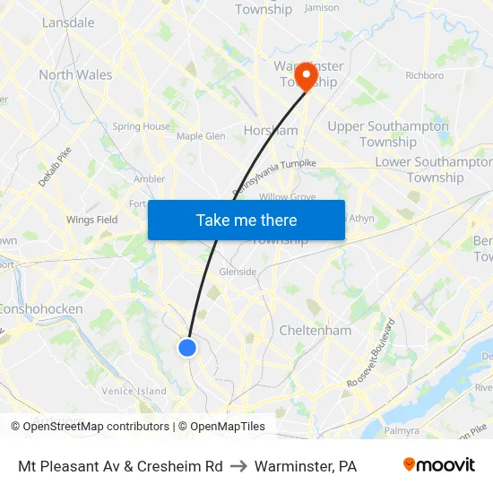Mt Pleasant Av & Cresheim Rd to Warminster, PA map