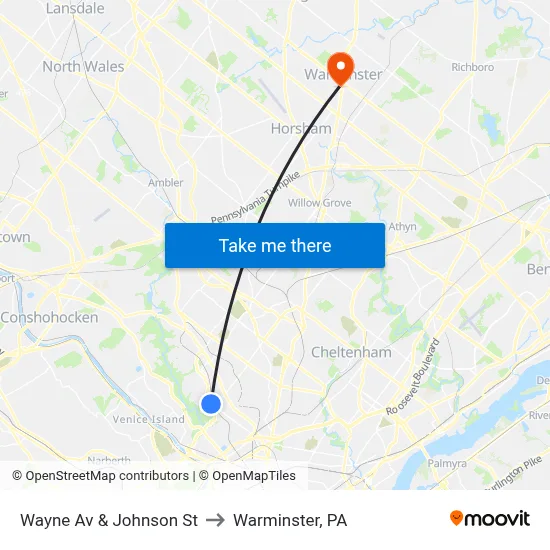Wayne Av & Johnson St to Warminster, PA map