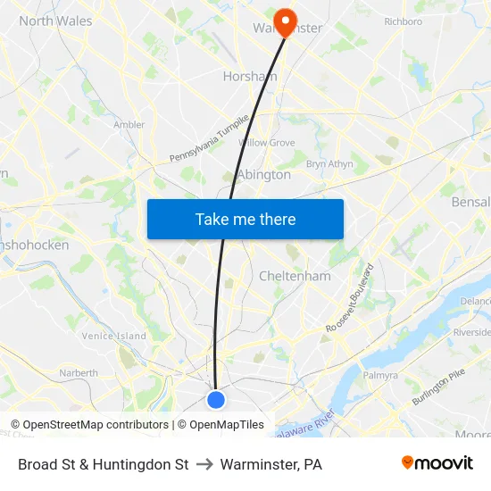 Broad St & Huntingdon St to Warminster, PA map
