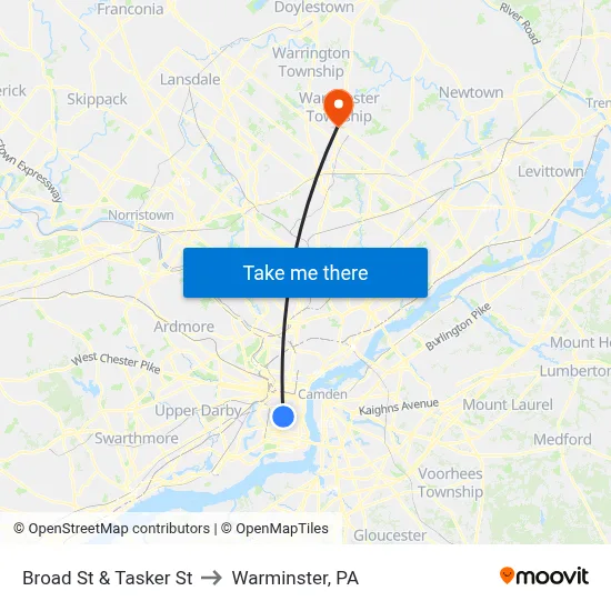 Broad St & Tasker St to Warminster, PA map