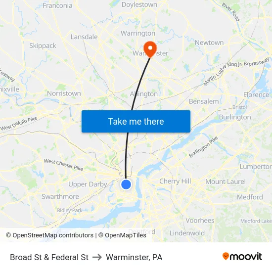 Broad St & Federal St to Warminster, PA map