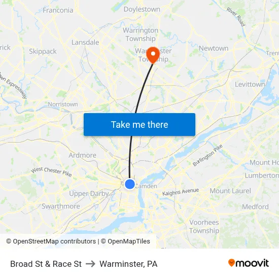 Broad St & Race St to Warminster, PA map