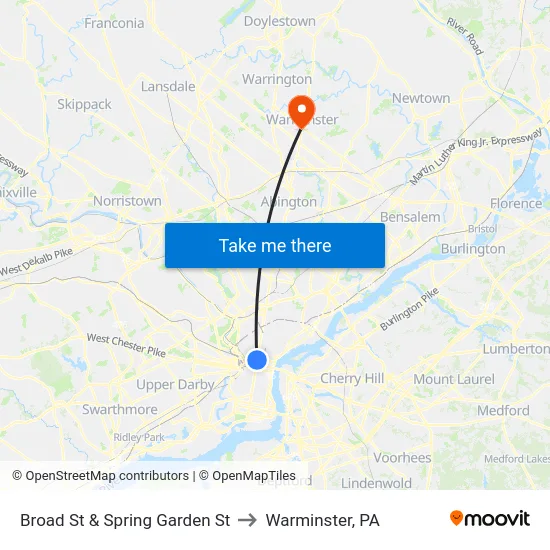 Broad St & Spring Garden St to Warminster, PA map