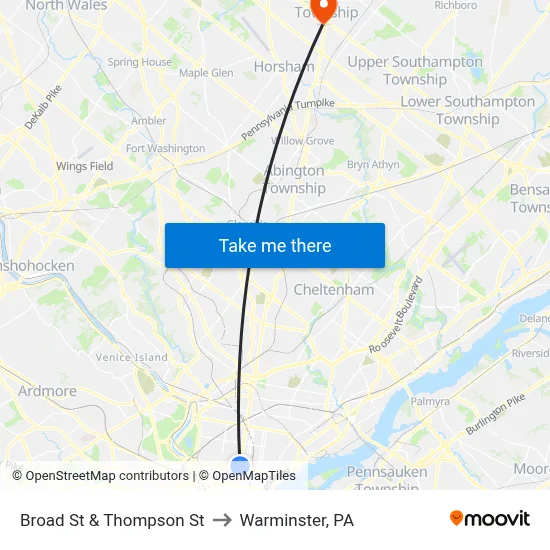Broad St & Thompson St to Warminster, PA map