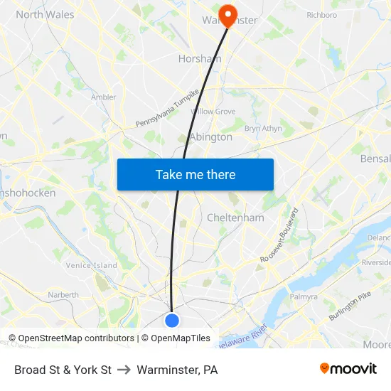 Broad St & York St to Warminster, PA map