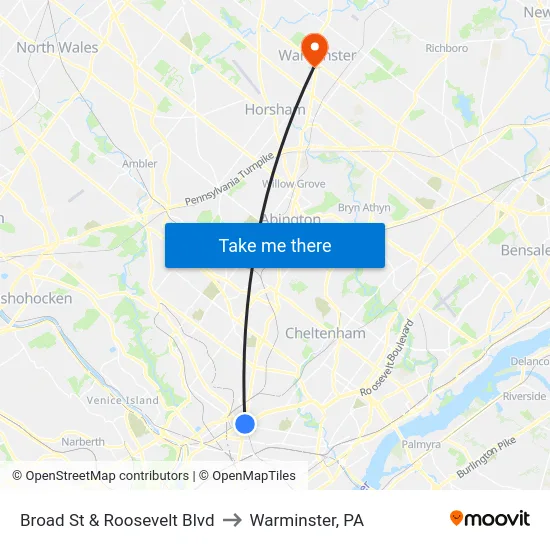 Broad St & Roosevelt Blvd to Warminster, PA map
