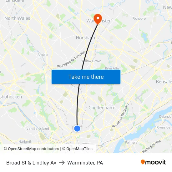 Broad St & Lindley Av to Warminster, PA map