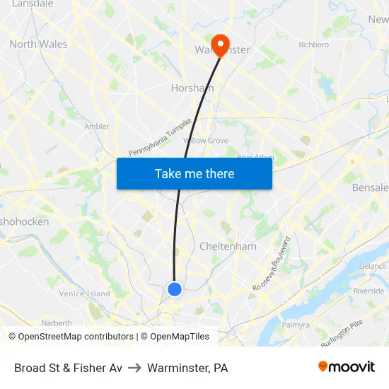 Broad St & Fisher Av to Warminster, PA map