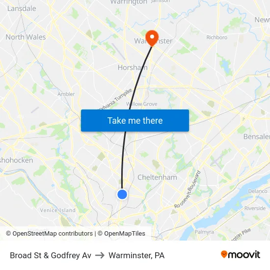 Broad St & Godfrey Av to Warminster, PA map