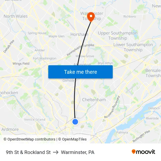 9th St & Rockland St to Warminster, PA map