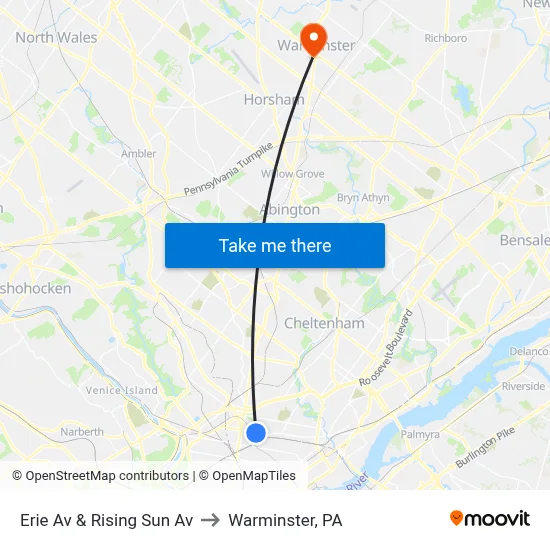 Erie Av & Rising Sun Av to Warminster, PA map