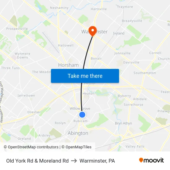 Old York Rd & Moreland Rd to Warminster, PA map