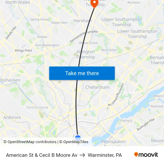 American St & Cecil B Moore Av to Warminster, PA map