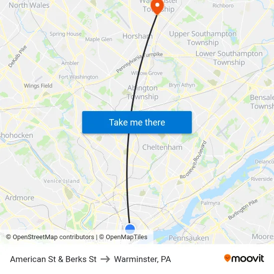 American St & Berks St to Warminster, PA map