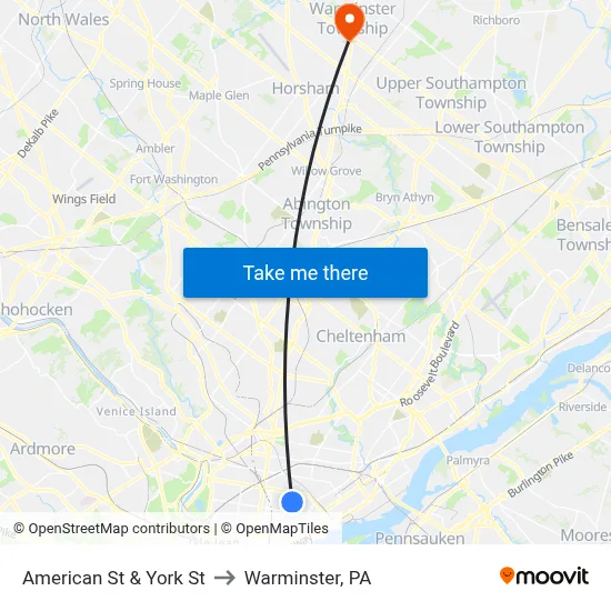 American St & York St to Warminster, PA map