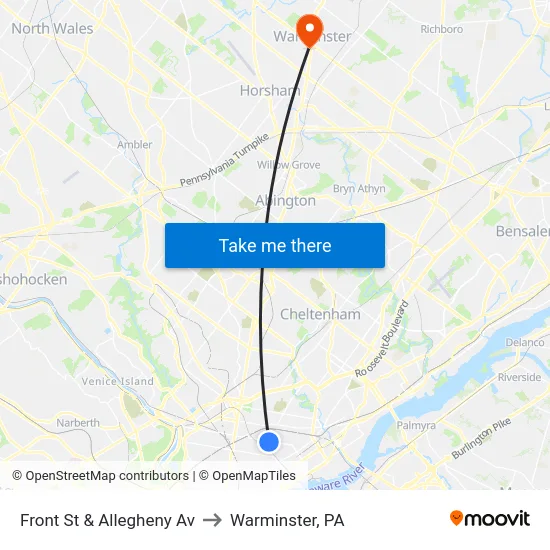 Front St & Allegheny Av to Warminster, PA map