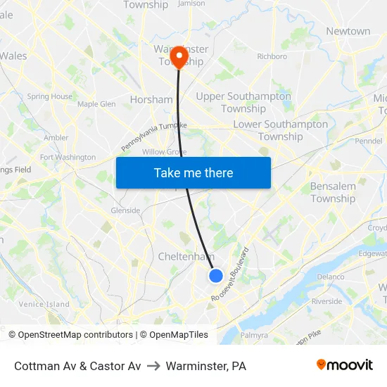 Cottman Av & Castor Av to Warminster, PA map