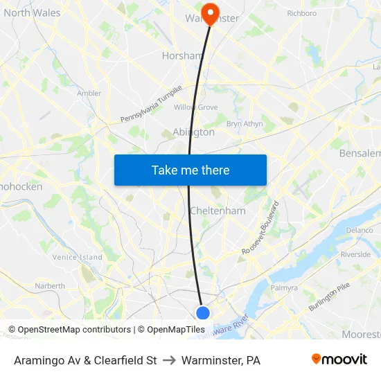 Aramingo Av & Clearfield St to Warminster, PA map