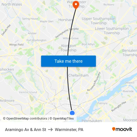 Aramingo Av & Ann St to Warminster, PA map
