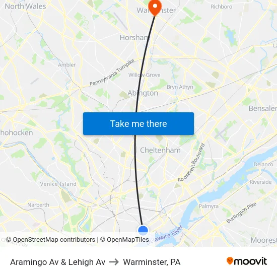 Aramingo Av & Lehigh Av to Warminster, PA map