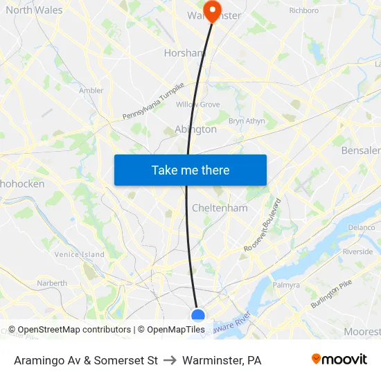 Aramingo Av & Somerset St to Warminster, PA map