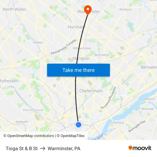 Tioga St & B St to Warminster, PA map