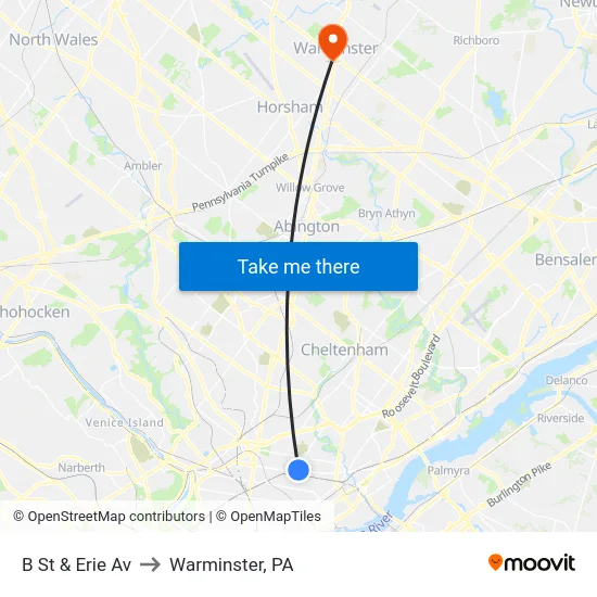 B St & Erie Av to Warminster, PA map
