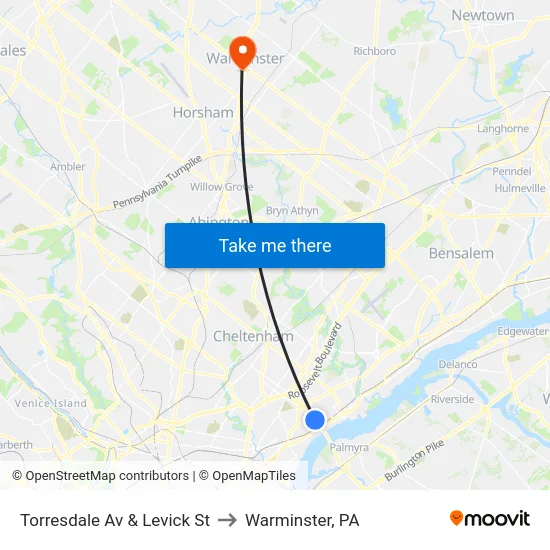 Torresdale Av & Levick St to Warminster, PA map